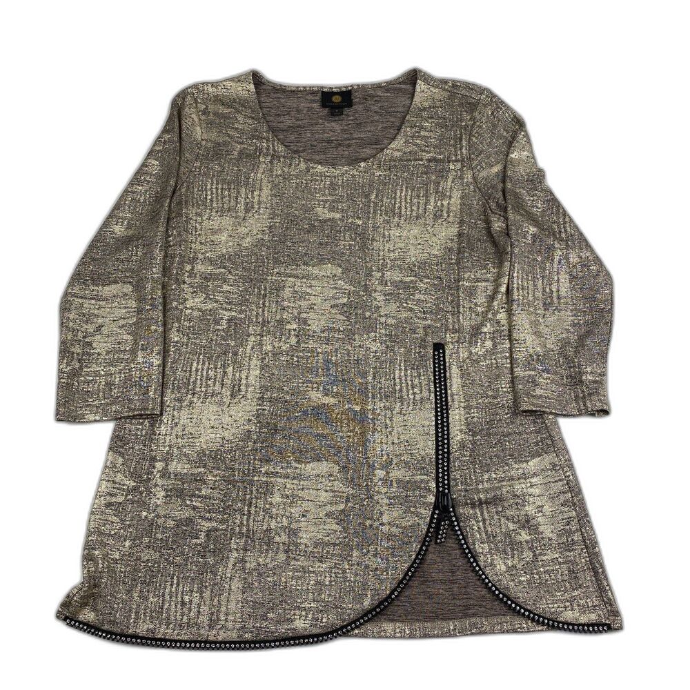 JM Collection Womens Shirt Medium Metallic Abstract Rhinestone Zipper Glam Party